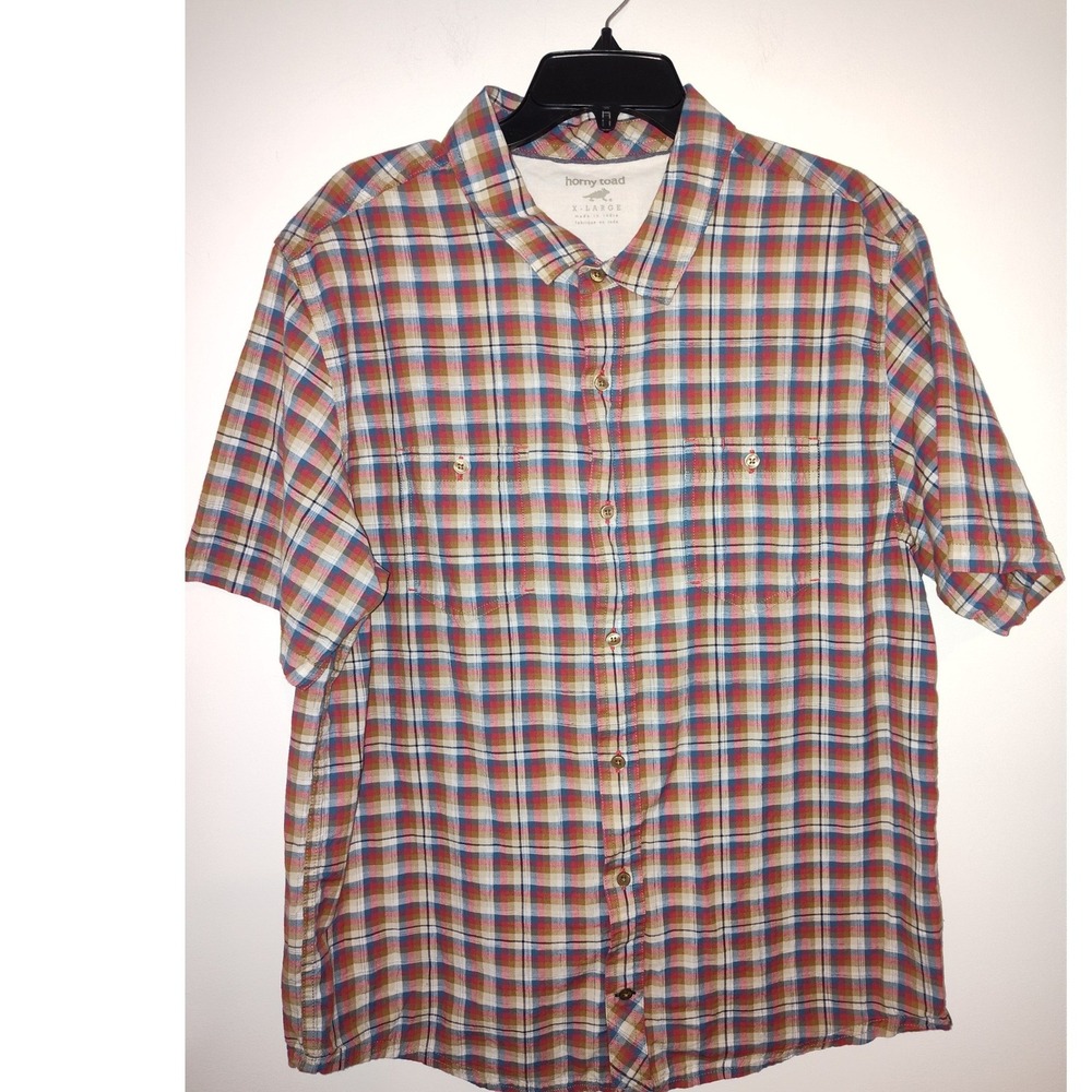 Horny Toad Mens XL Plaid Short Sleeve Button Down Shirt 100% Organic Cotton Red